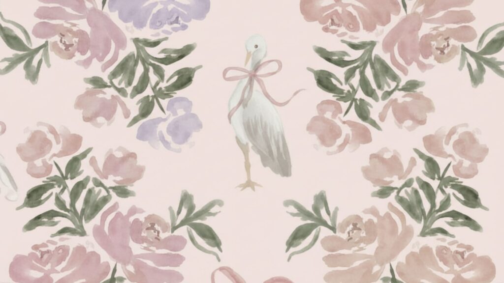 Elegant white swan surrounded by roses pink coquette wallpaper