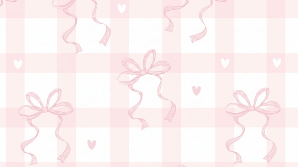 Soft pink and white checkered print with silk ribbons pink coquette wallpaper
