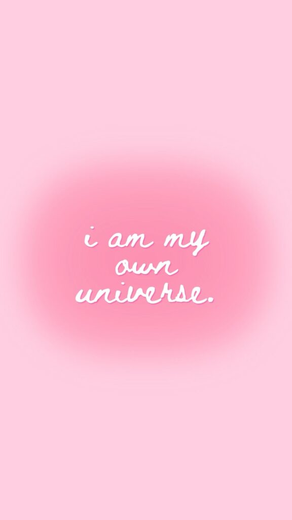 A soft-focus pink starfield background with "my universe" quote in dreamy cursive, pink coquette wallpaper.
