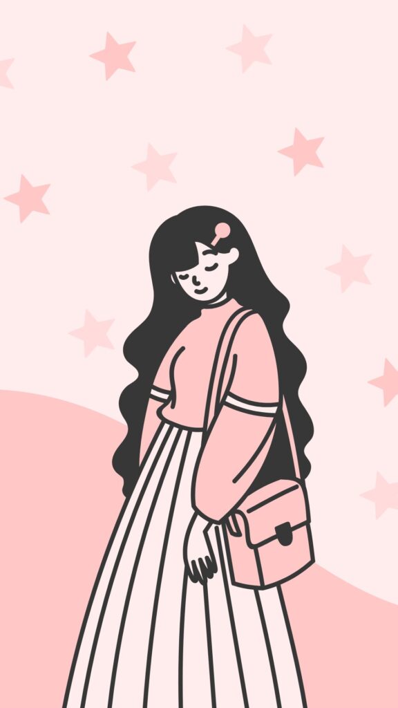 A vintage porcelain doll in a pink dress and ribbons, pink coquette wallpaper