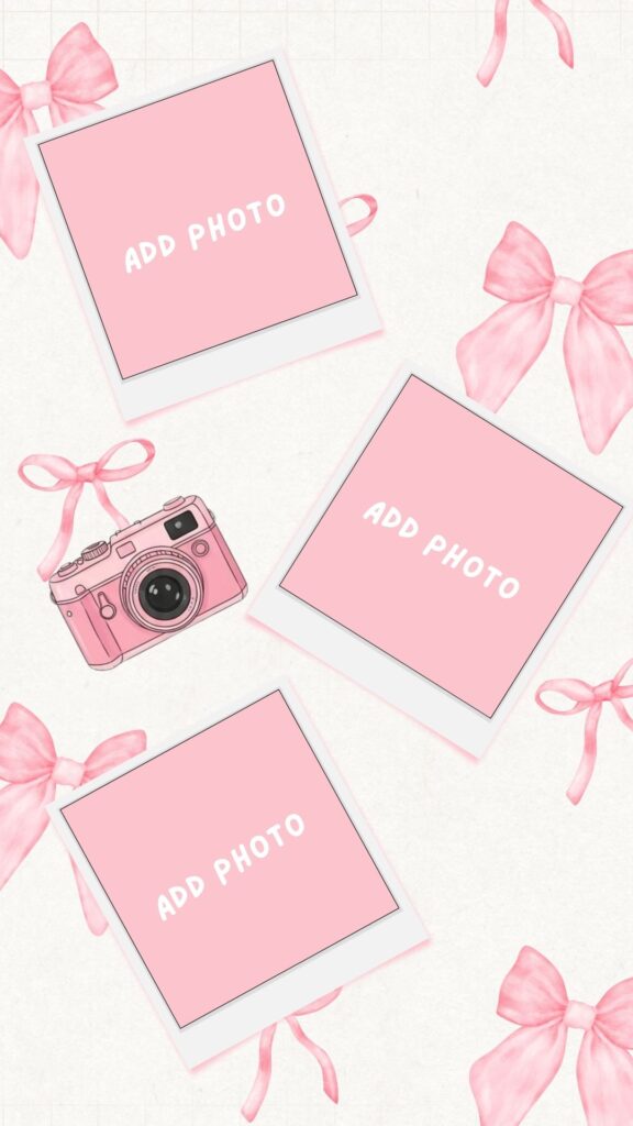 A sleek white minimalist frame with a small camera icon and heart accents, pink coquette wallpaper.