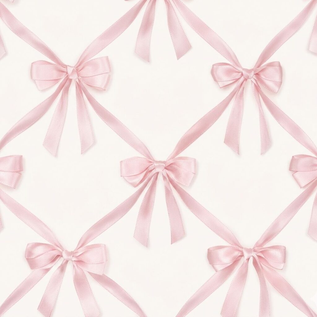 Repeating patterns of soft pink silk ribbons tied in bows, pink coquette wallpaper.
