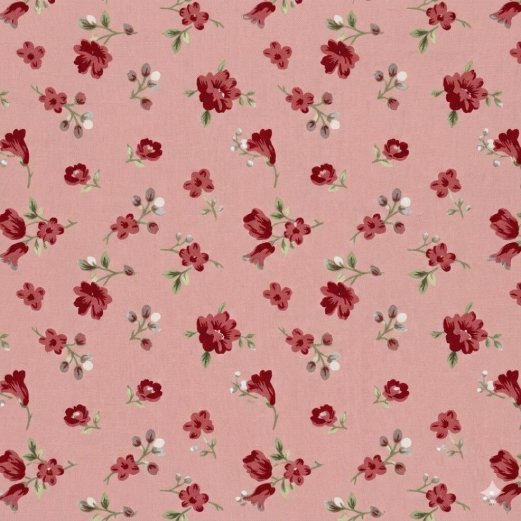 Scattered deep red roses over a smooth pastel pink field, pink coquette wallpaper.