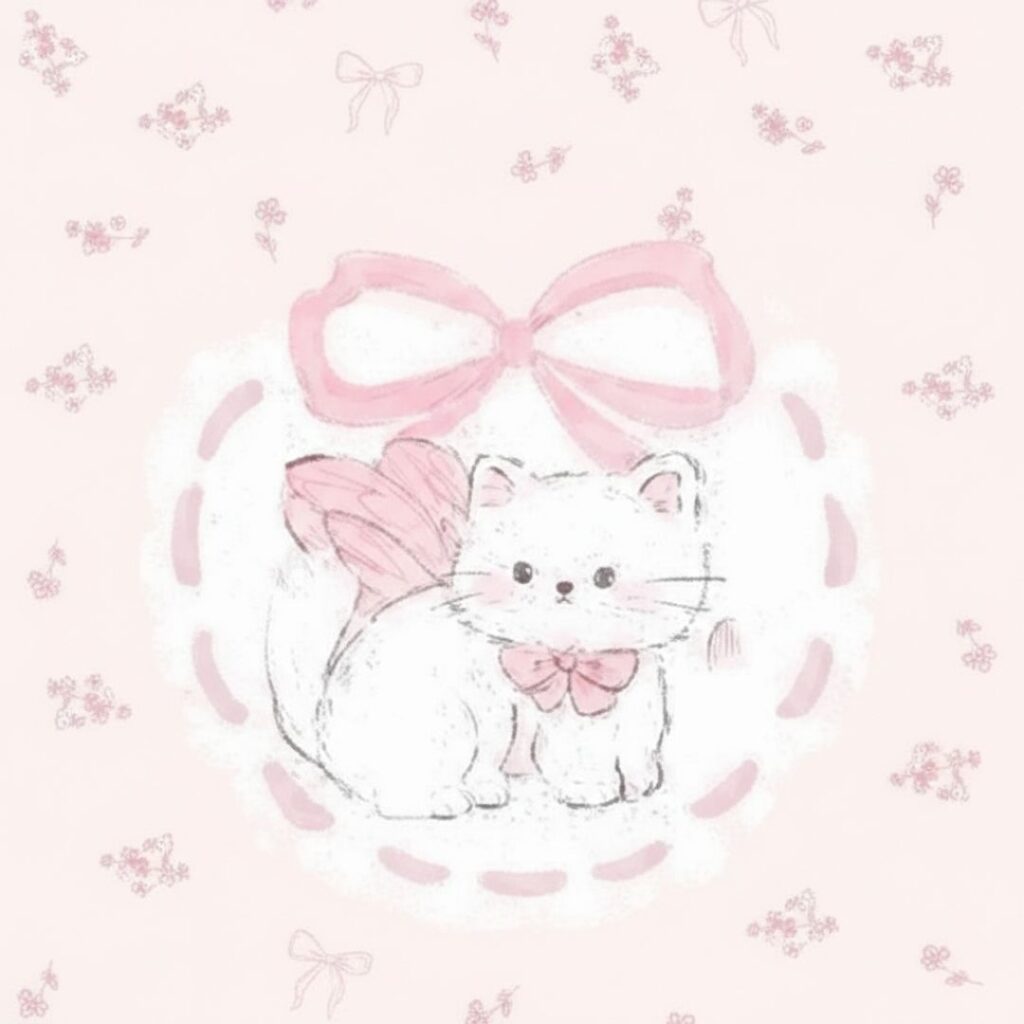 A fluffy white cat wearing a silk ribbon collar with flowers, pink coquette wallpaper.