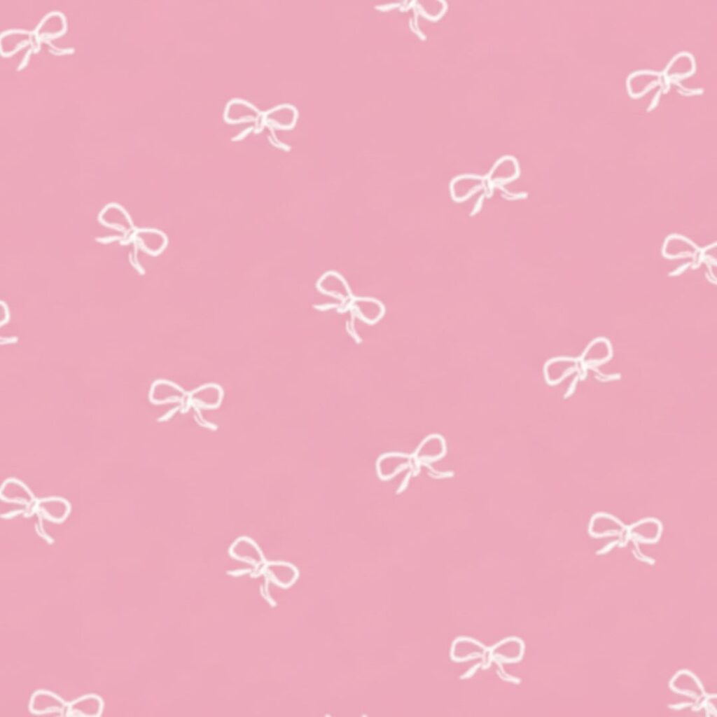 Scattered tiny white silk bows on a solid pink background, pink coquette wallpaper