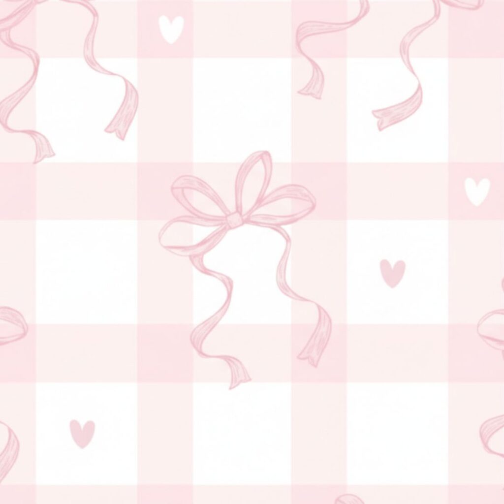 Soft pink silk bows over a classic gingham pattern, pink coquette wallpaper.