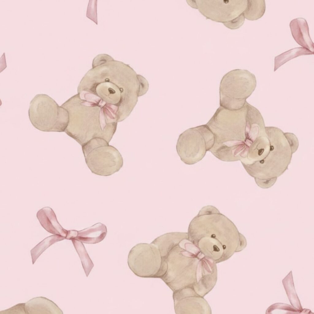 Adorable teddy bears with oversized pink silk bows, pink coquette wallpaper.