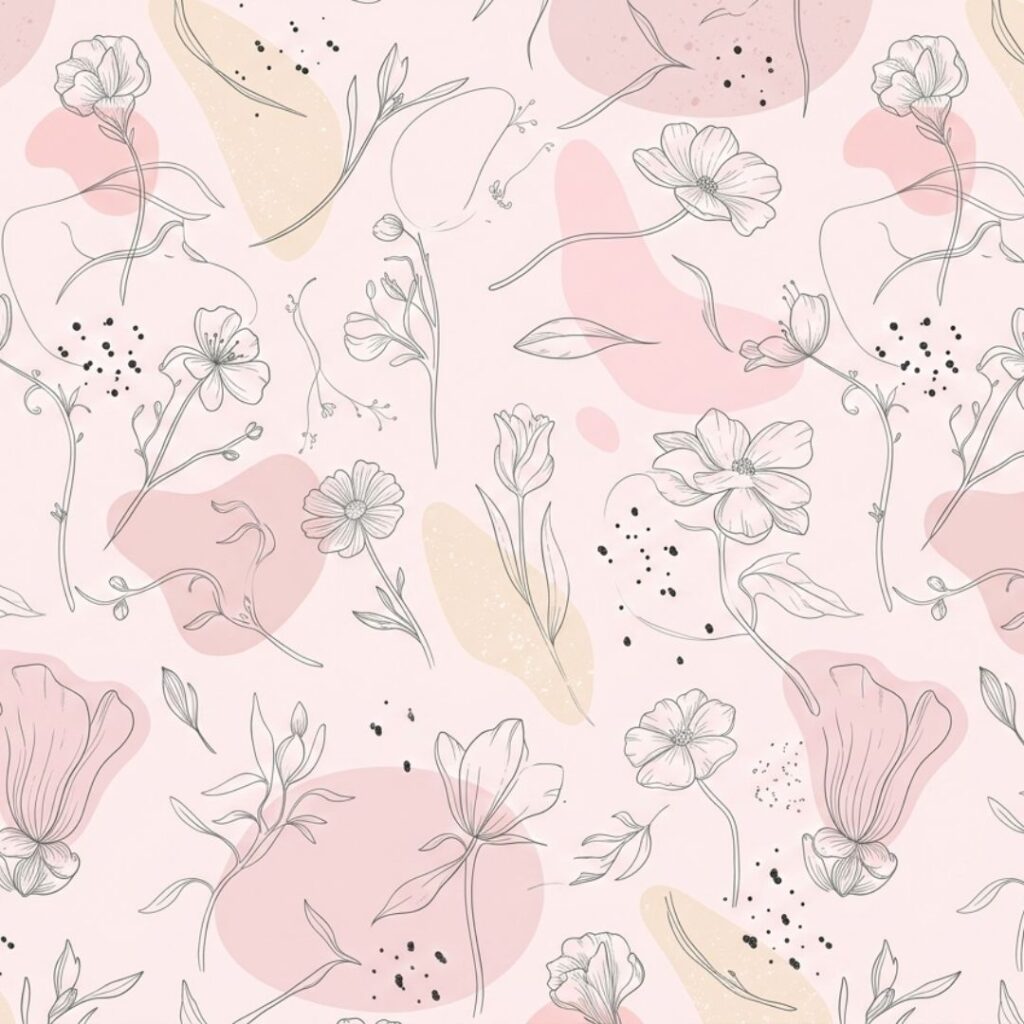 Stylized pink flowers with whimsical doodles and flourishes, pink coquette wallpaper.