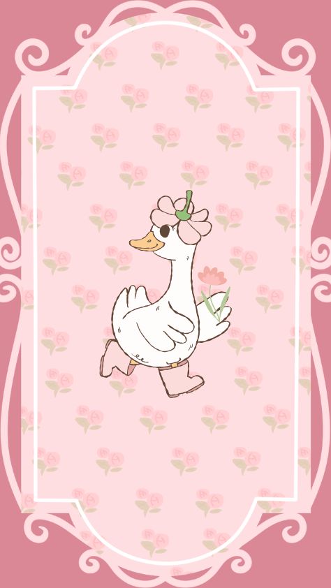 Illustrative white goose wearing a flower hat and pink boots in a decorative frame pink wallpaper
