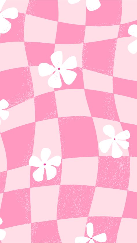 Retro wavy pink checkered pattern with white flowers pink wallpaper