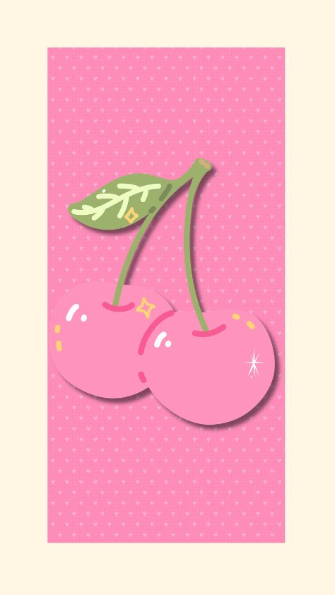 Two bright pink cherries with a green leaf on a dotted magenta background pink wallpaper