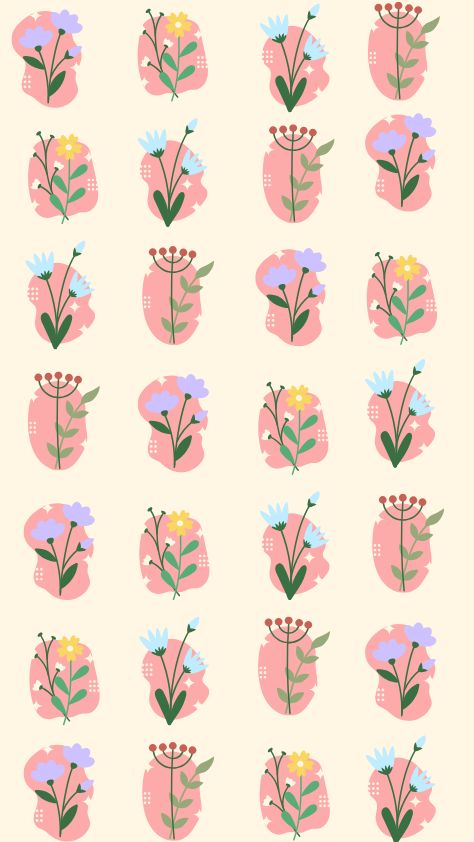 Pattern of flat-illustrated floral sprigs on a cream background pink wallpaper
