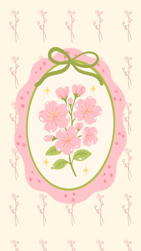 Illustrative pink cherry blossoms in a scalloped frame with a bow pink wallpaper