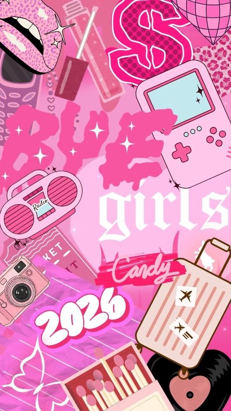 Vibrant pink Y2K-inspired "Bye Girls" aesthetic collage pink wallpaper