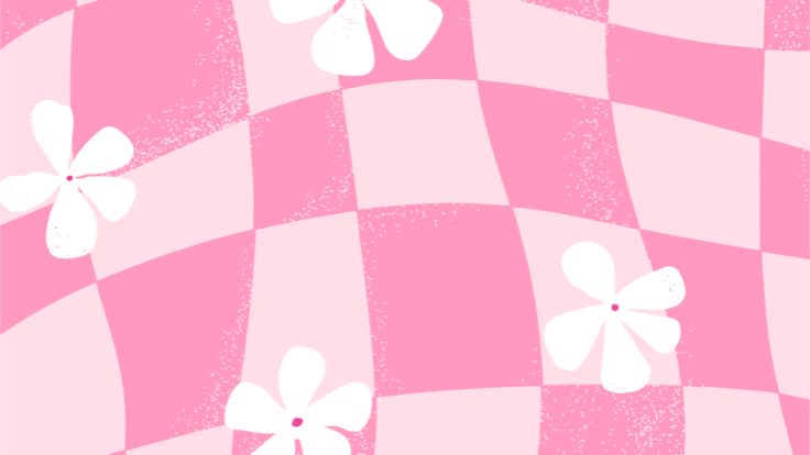 Retro wavy pink checkered pattern with white flowers pink wallpaper