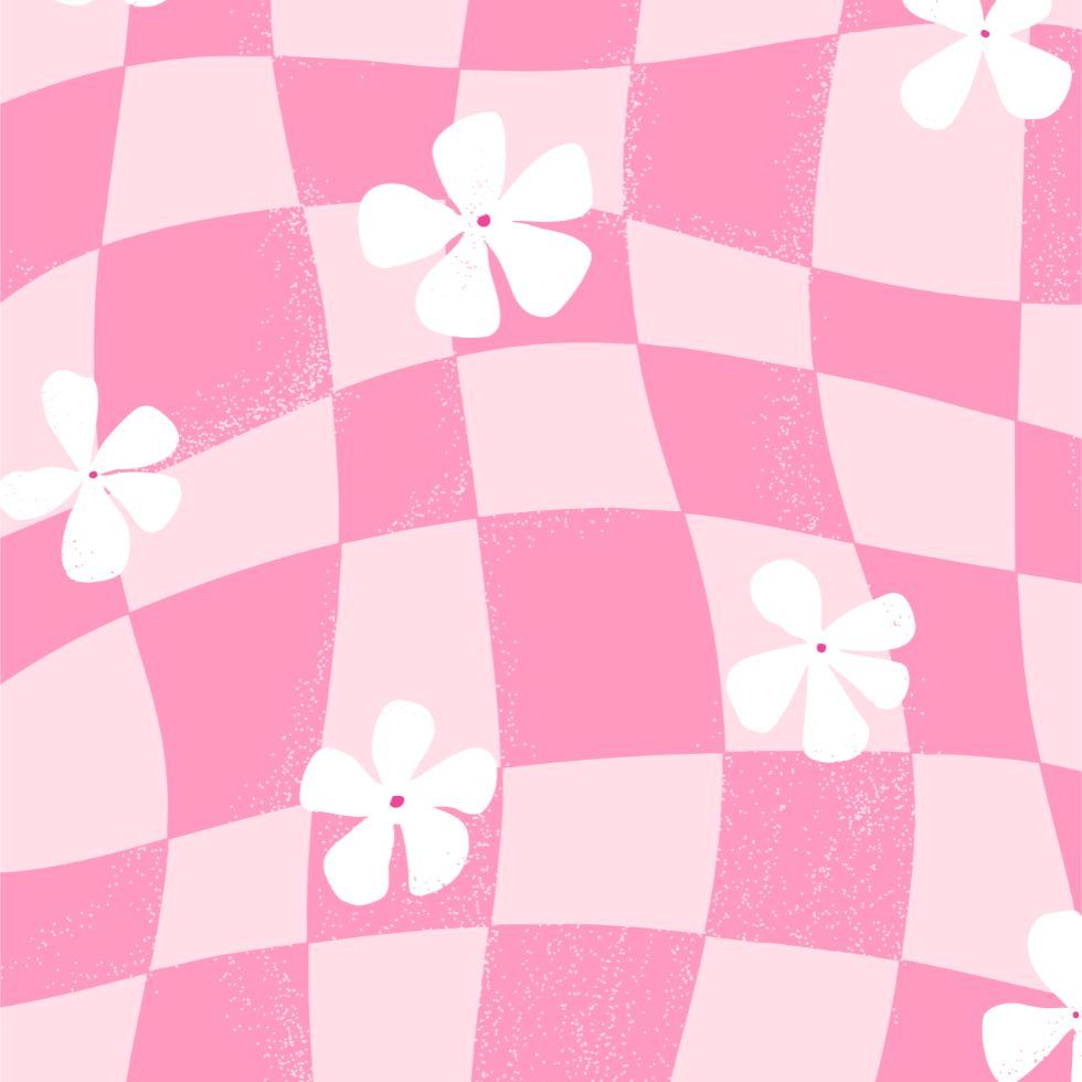 Retro groovry checkered pattern with white flowers on pink wallpaper
