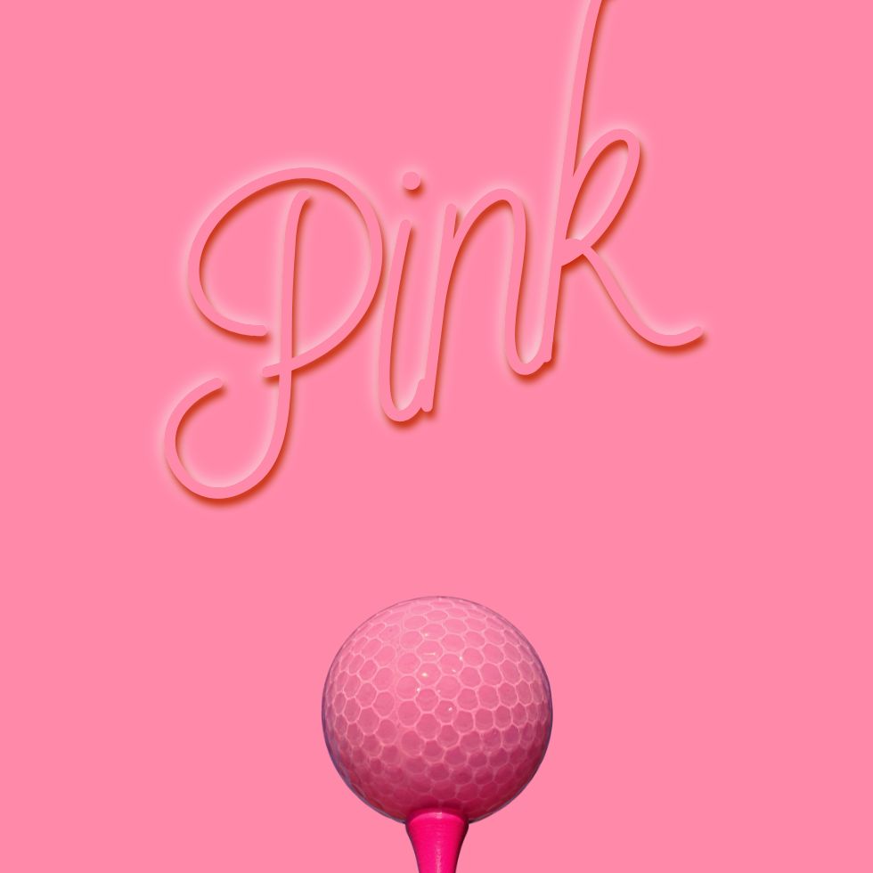 Pink golf ball on a tee with cursive pink text on a matching background pink wallpaper