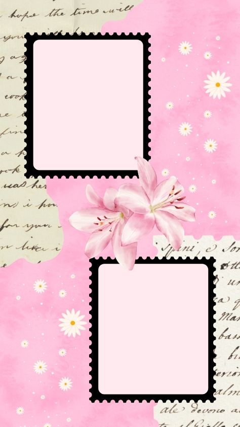 Pink aesthetic scrapbook collage with lilies and vintage letter scraps pink wallpaper