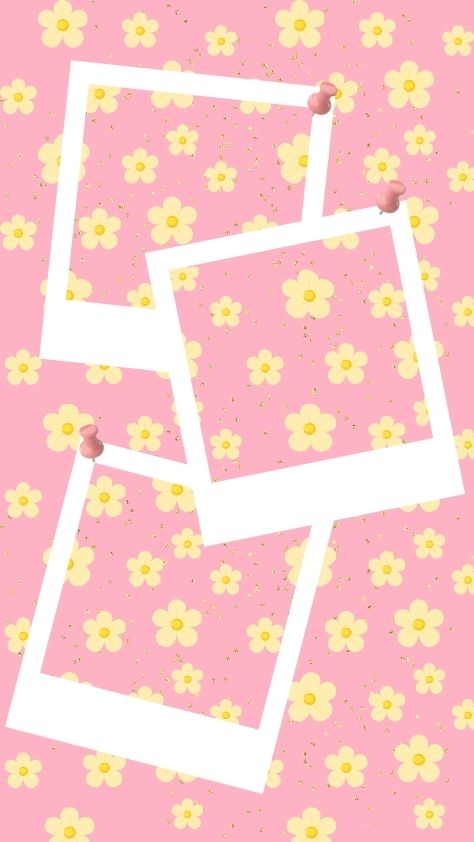 Pink floral pattern with Polaroid frames and pink pushpins pink wallpaper