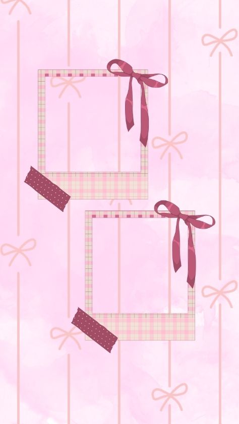 Pink watercolor background with checkered polaroid frames and ribbons pink wallpaper