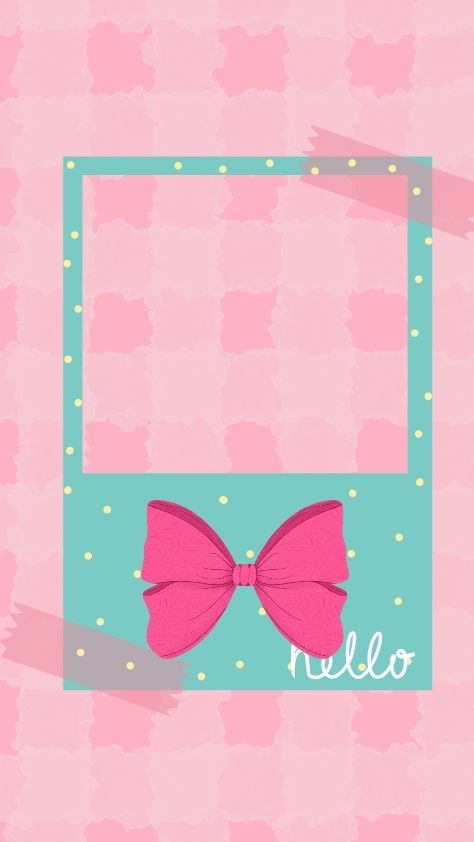 Pink checkered background with a teal Polaroid frame and a magenta bow pink wallpaper