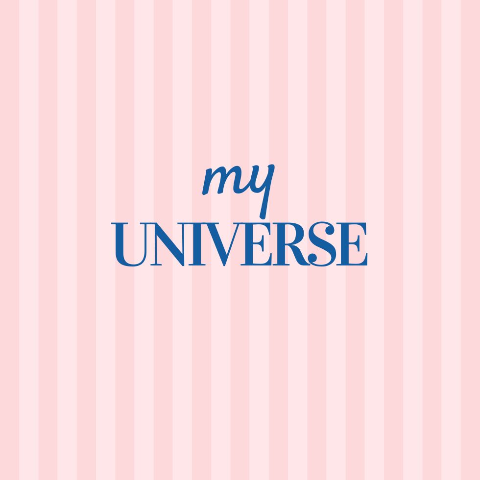 Minimalist "my UNIVERSE" text on a pink striped background preppy wallpaper