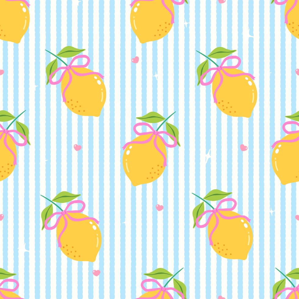 A playful pattern of bright yellow lemons with pink bows and small hearts over a light blue and white vertical striped background preppy wallpaper