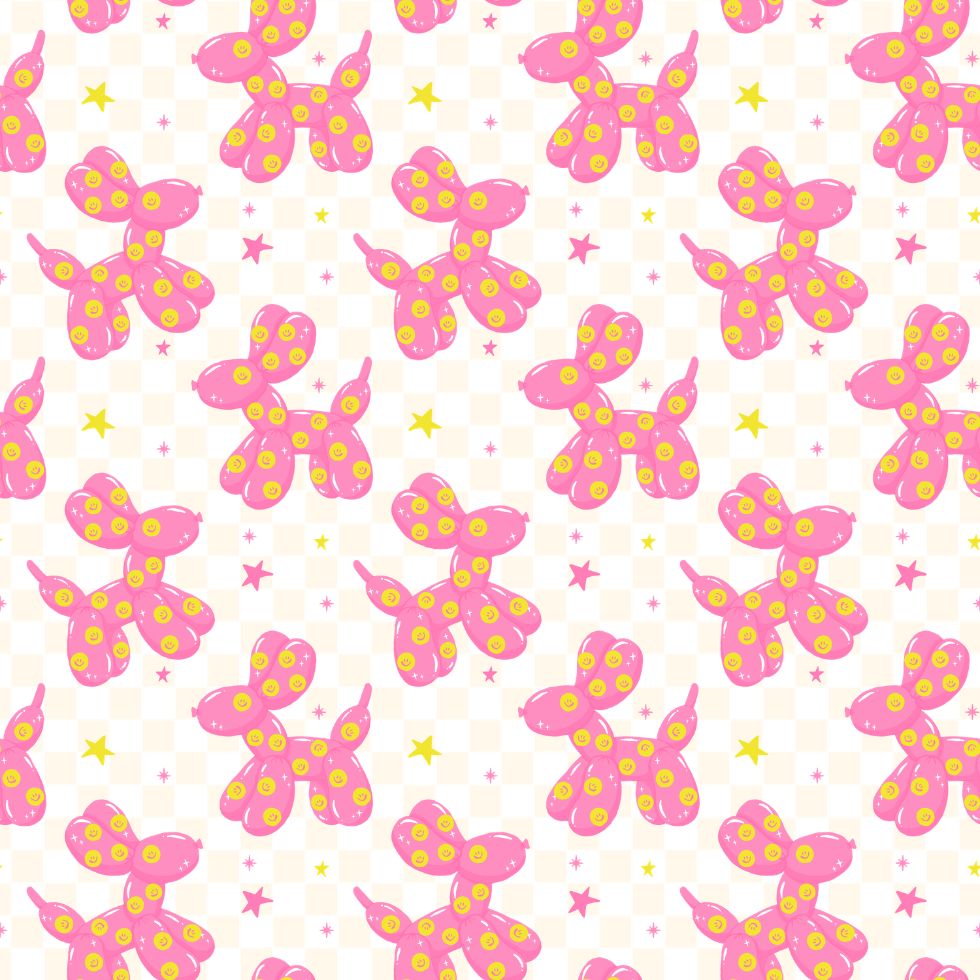 A cute seamless pattern of pink balloon dogs with yellow smiley faces and scattered stars on a light checkered background preppy wallpaper