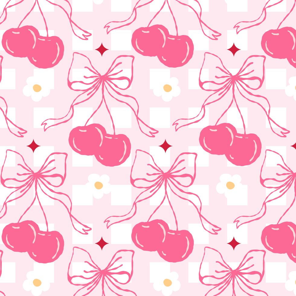 A pink coquette aesthetic pattern featuring cherries tied with ribbons and dainty flowers on a checkered background preppy wallpaper