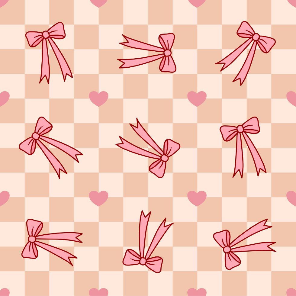 A charming pattern of pink ribbon bows and small hearts over a warm tan and cream checkered background preppy wallpaper