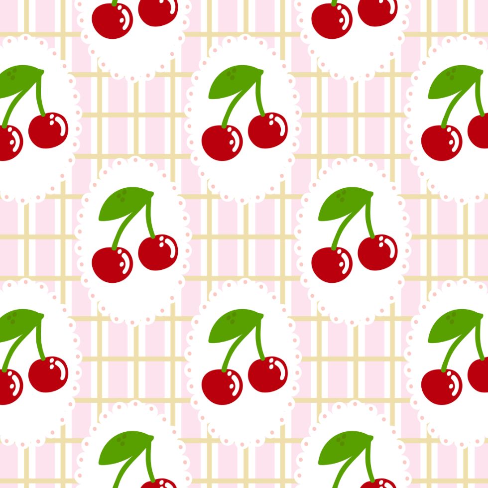 A cute seamless pattern of red cherries inside white lace frames over a pink and yellow grid background preppy wallpaper