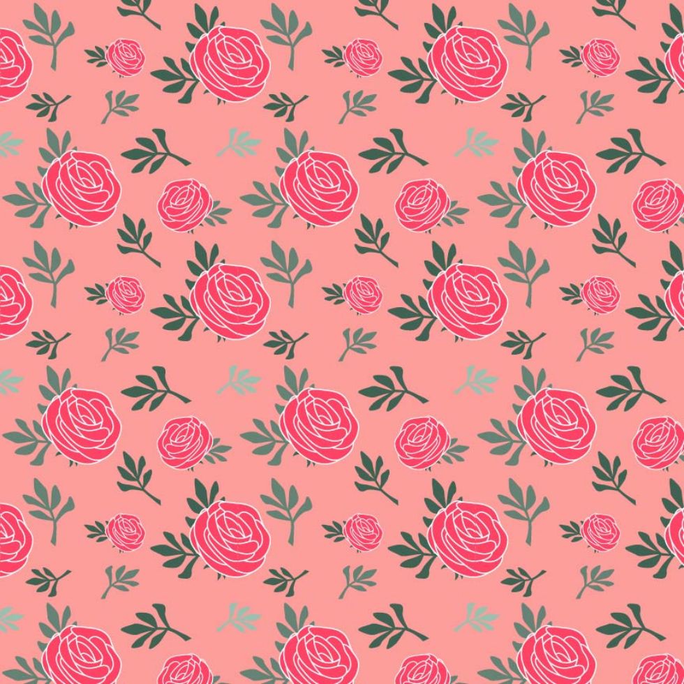 A vibrant floral pattern featuring pink roses with white outlines and dark green leaves on a coral background preppy wallpaper