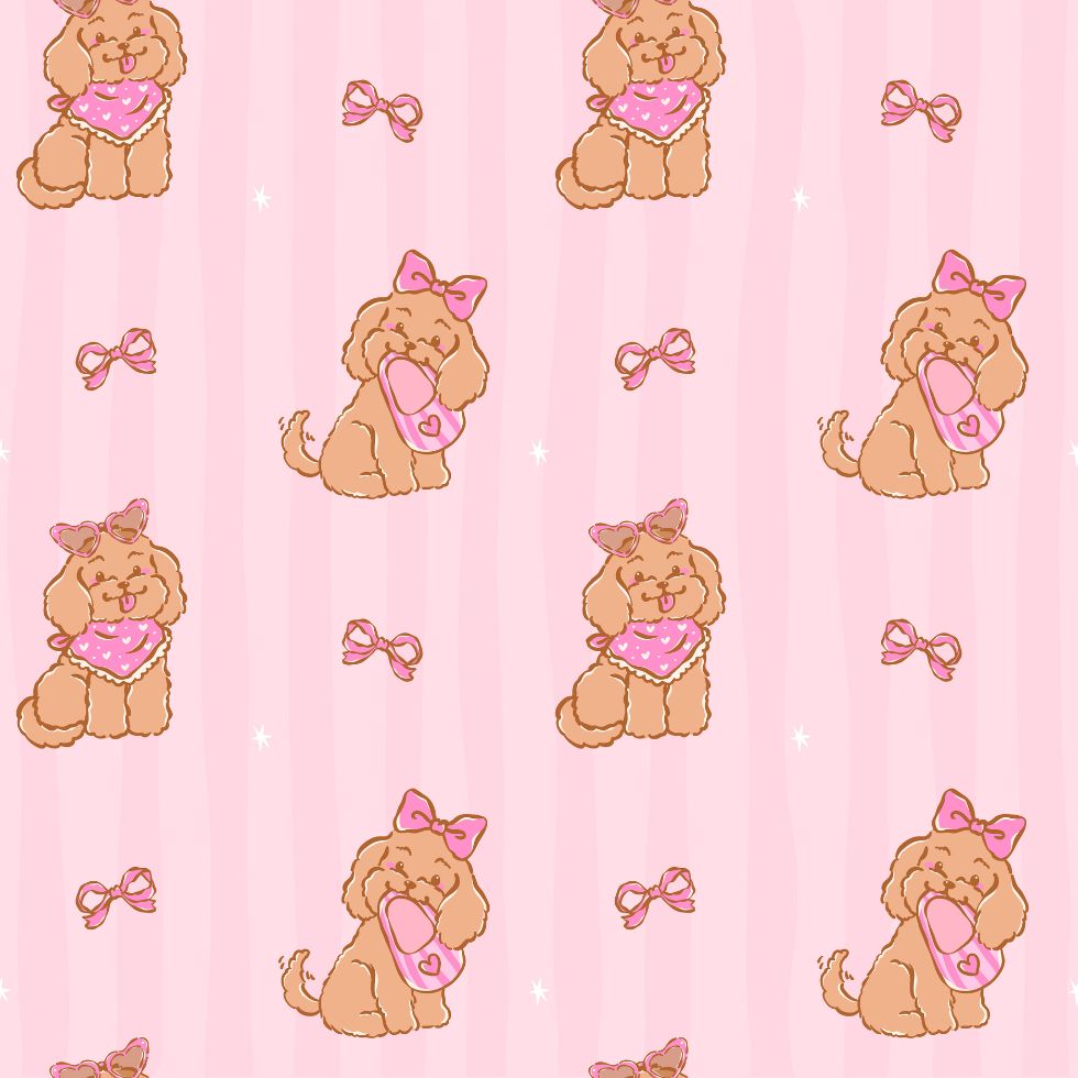 Cute poodle pattern with bows, heart sunglasses, and pink bandanas preppy wallpaper