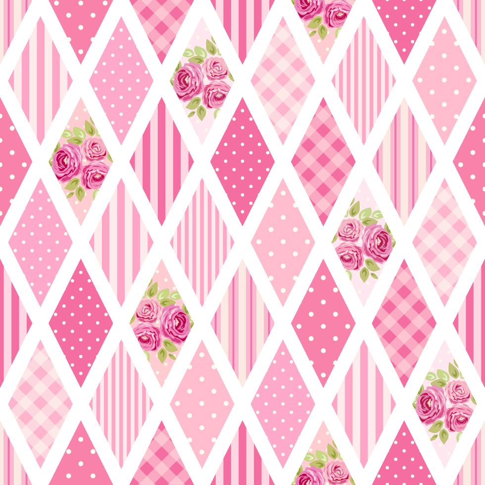 A vibrant pink harlequin patchwork pattern featuring roses, polka dots, stripes, and gingham inside white diamond frames preppy wallpaper