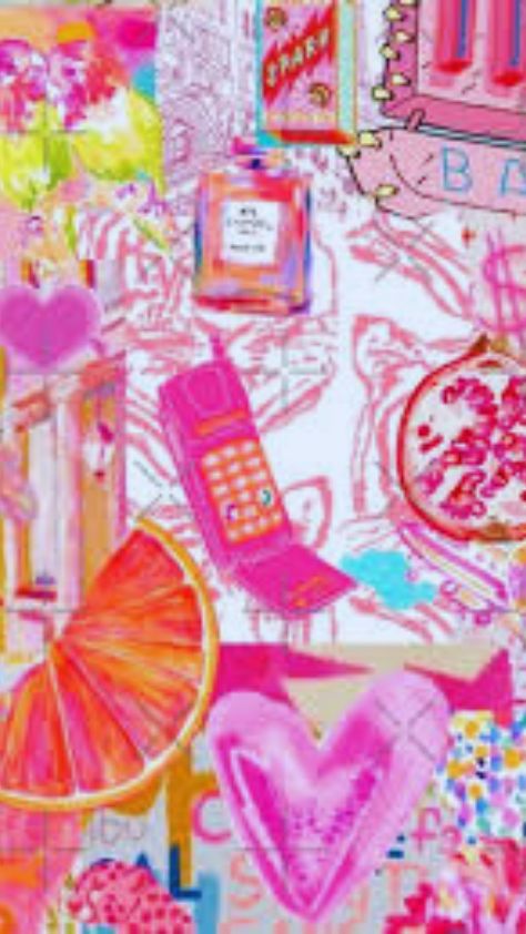 Vibrant pink Y2K collage featuring a flip phone hearts and citrus slices preppy wallpaper