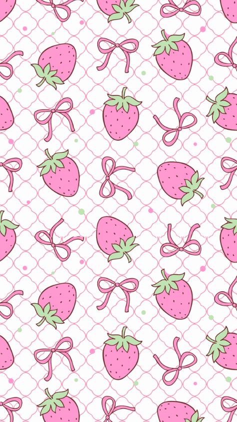 Cute pink strawberry and bow pattern over a delicate grid background preppy wallpaper