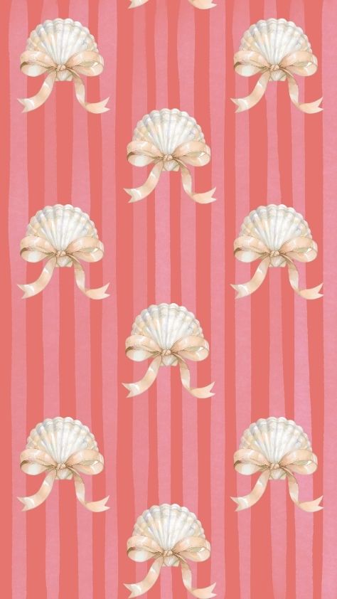 Elegant seashell and ribbon pattern over a pink striped background preppy wallpaper