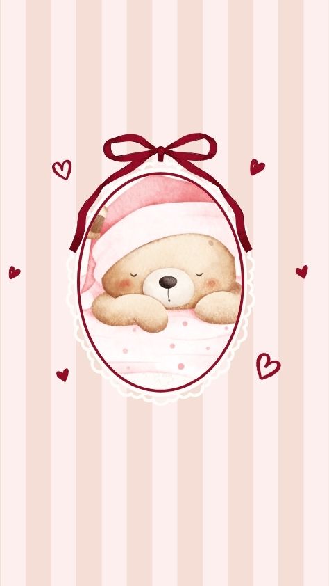 Cute sleeping teddy bear in a lace frame with red bows and hearts preppy wallpaper