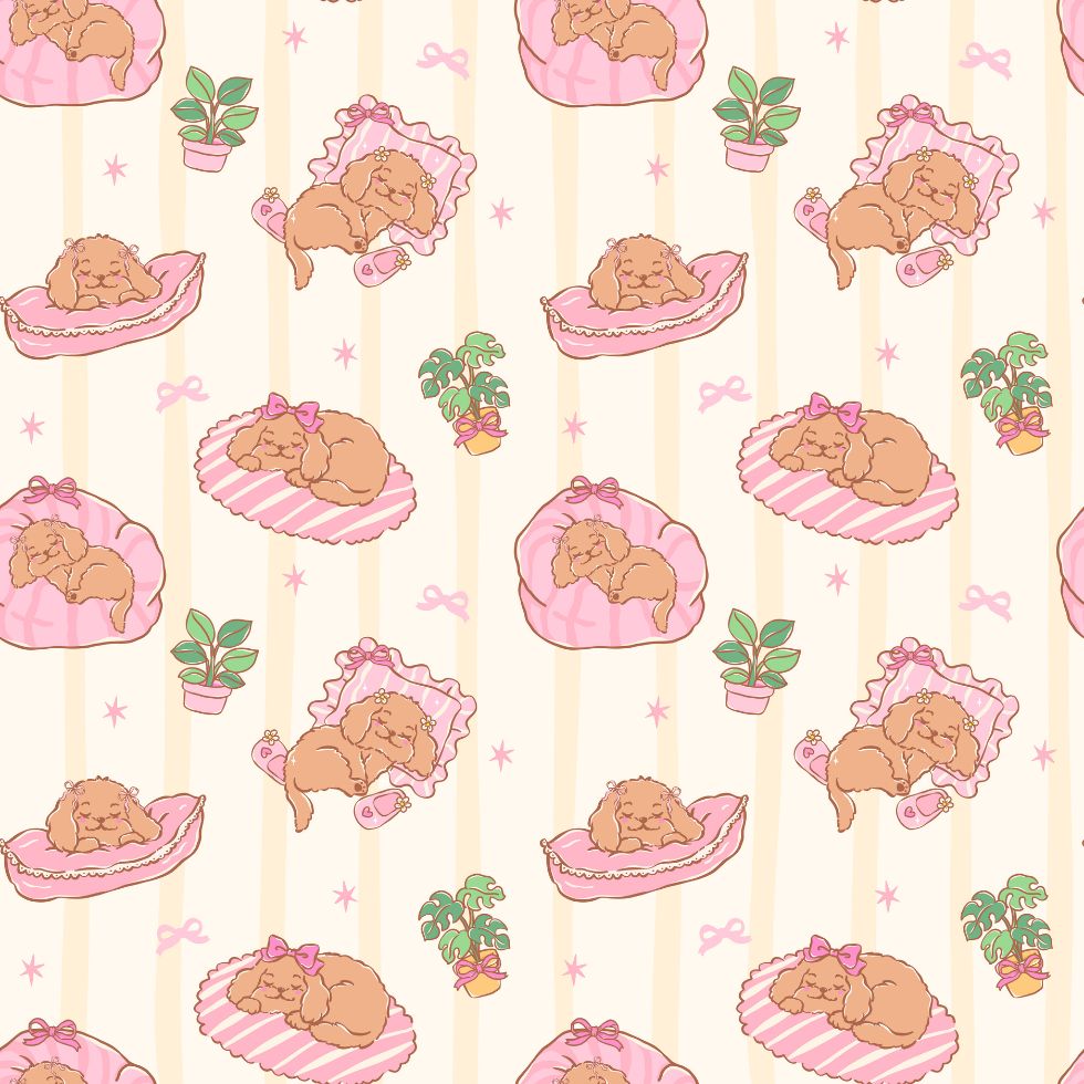Repeating pattern of sleeping poodles on pink pillows with potted plants preppy wallpaper.