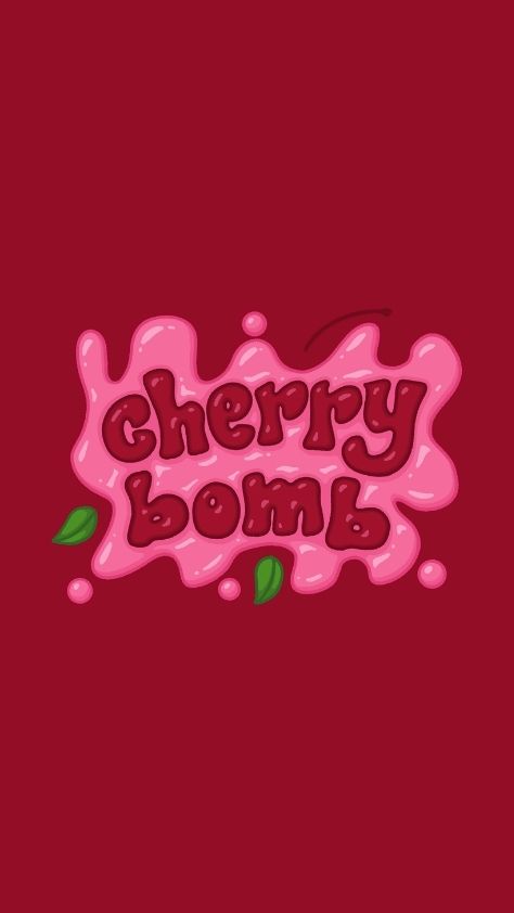 Stylized cherry bomb text with pink slime drips on a dark red background preppy wallpaper