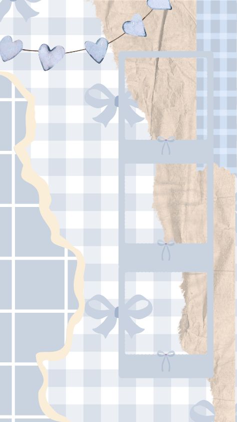 Blue gingham and scrapbook collage with heart bunting and dainty bows preppy wallpaper