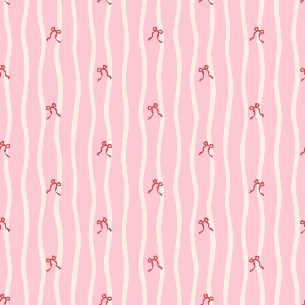 This charming repeating pattern features adorable tan poodles sleeping soundly on various pink ruffled pillows and cushions. Interspersed between the pups are small potted monstera-like plants and dainty pink bows on a cream and yellow striped background.