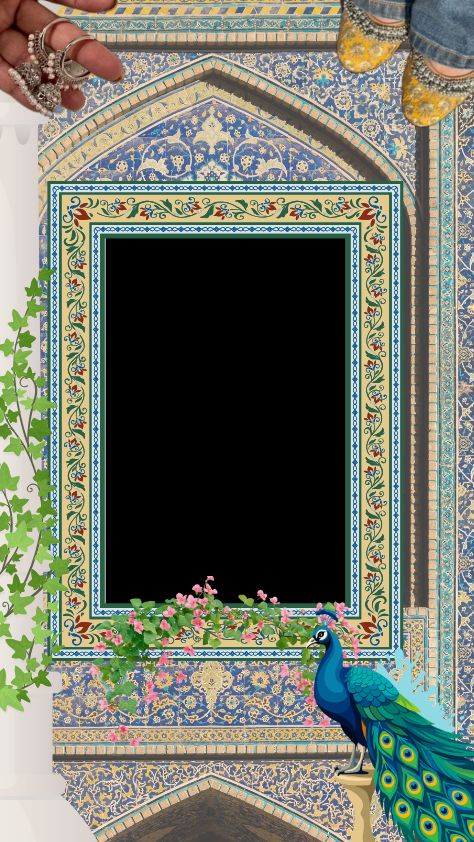 Ornate Persian-style architectural frame with a peacock and floral accents wallpaper