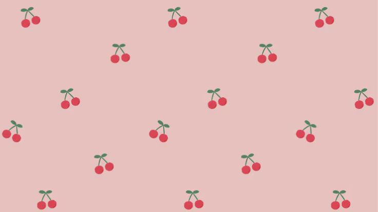 A minimalist pattern of small red cherries with green stems scattered across a soft pink background, preppy wallpaper.