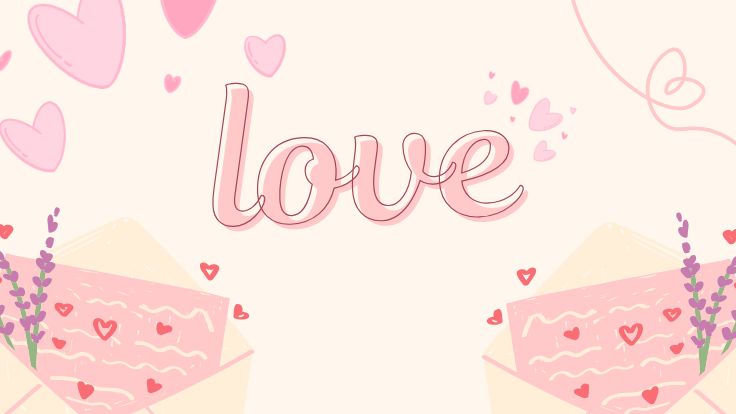 Script "love" text with pink envelopes and floating hearts, preppy wallpaper.