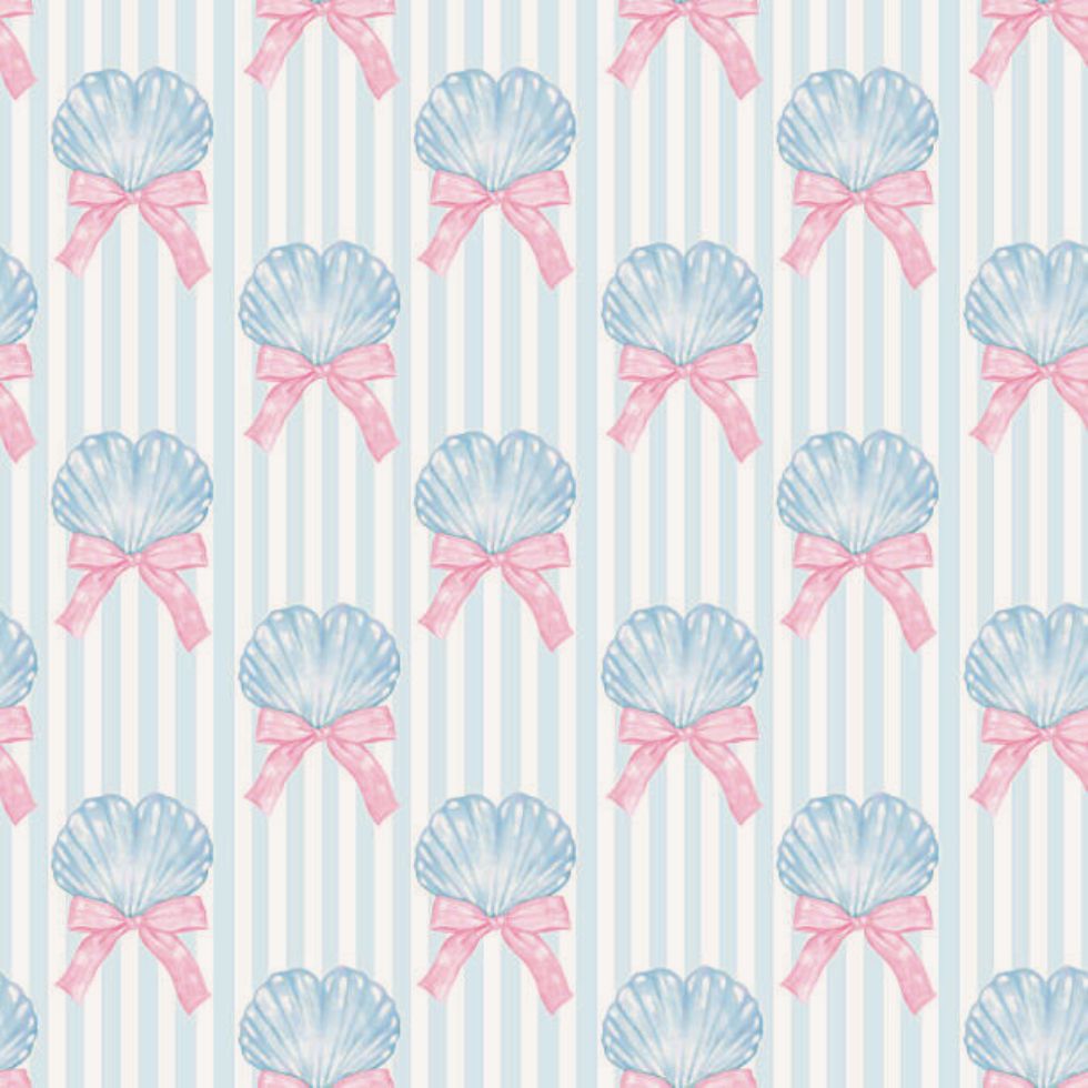Repeating watercolor pattern of blue seashells with pink bows on a striped background preppy wallpaper.
