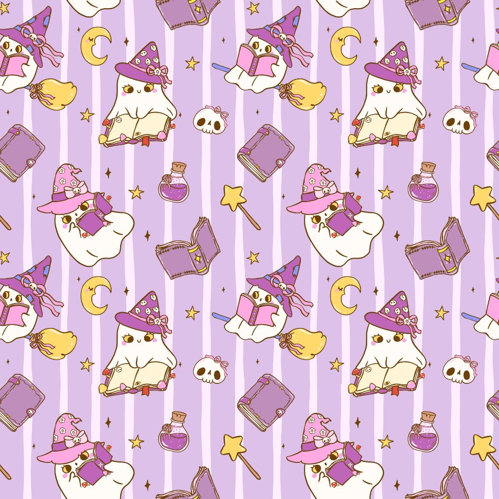 Repeating pattern of cute ghosts wearing witch hats and reading magic books preppy wallpaper