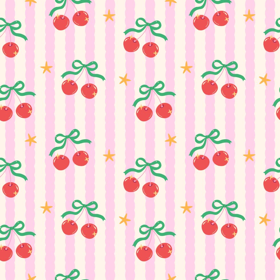 A cute seamless pattern featuring red cherries with green bows and yellow stars on a pink and cream striped background preppy wallpaper