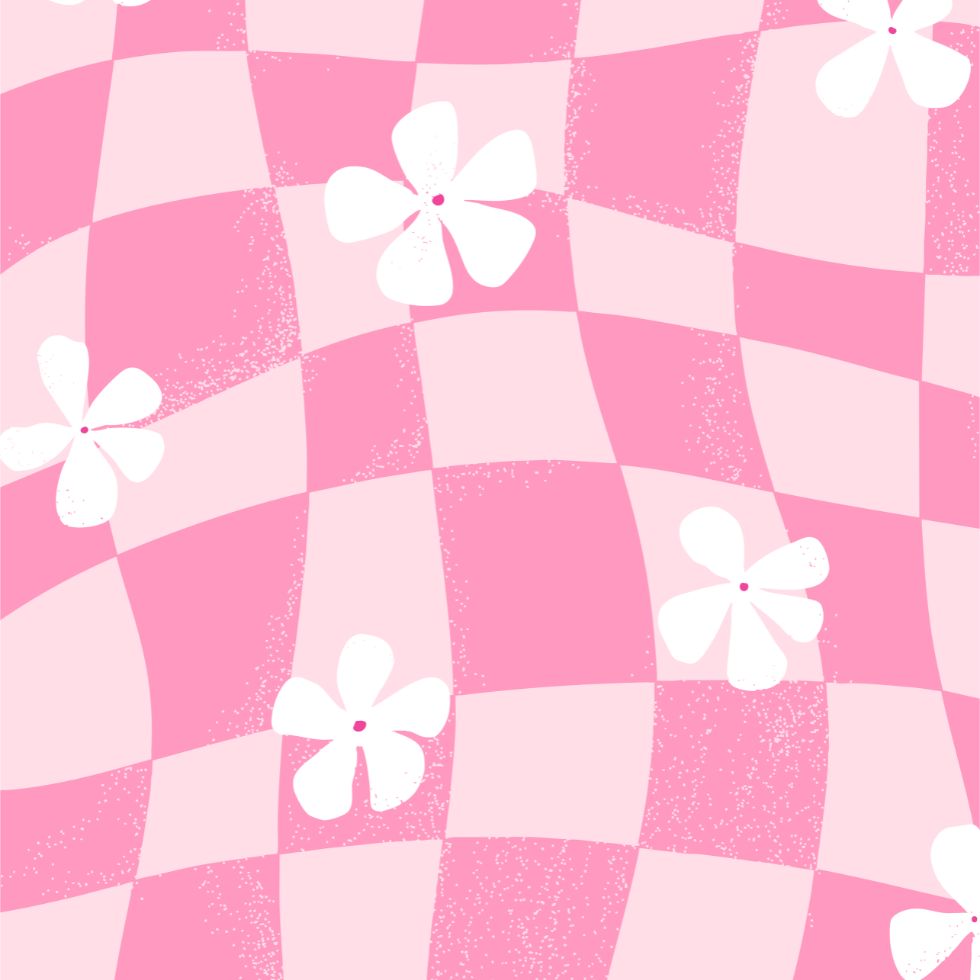 A pink warped checkerboard pattern decorated with simple white flowers and a grainy vintage texture preppy wallpaper