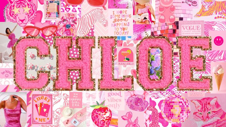 Pink "CHLOE" name collage with preppy wallpaper.